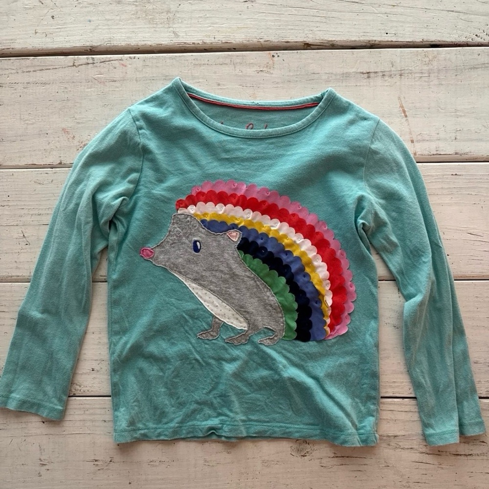 Mini Boden Teal Long Sleeve with Rainbow Hedgehog